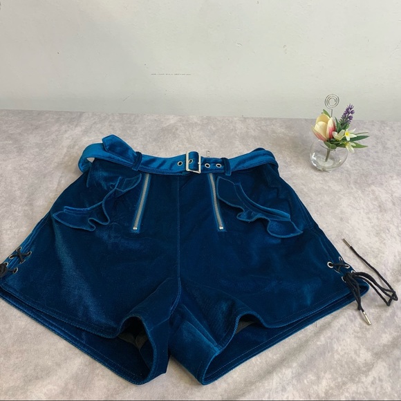 NWT SELF-PORTRAIT Velvet Peacock Blue Double Zip Shorts size 2 - Picture 13 of 15